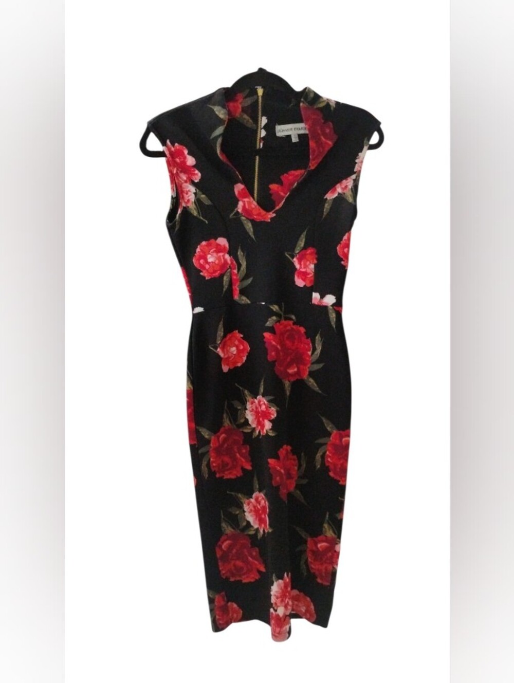 Almost Famous Black Midi Dress with Red Floral Print SZ S